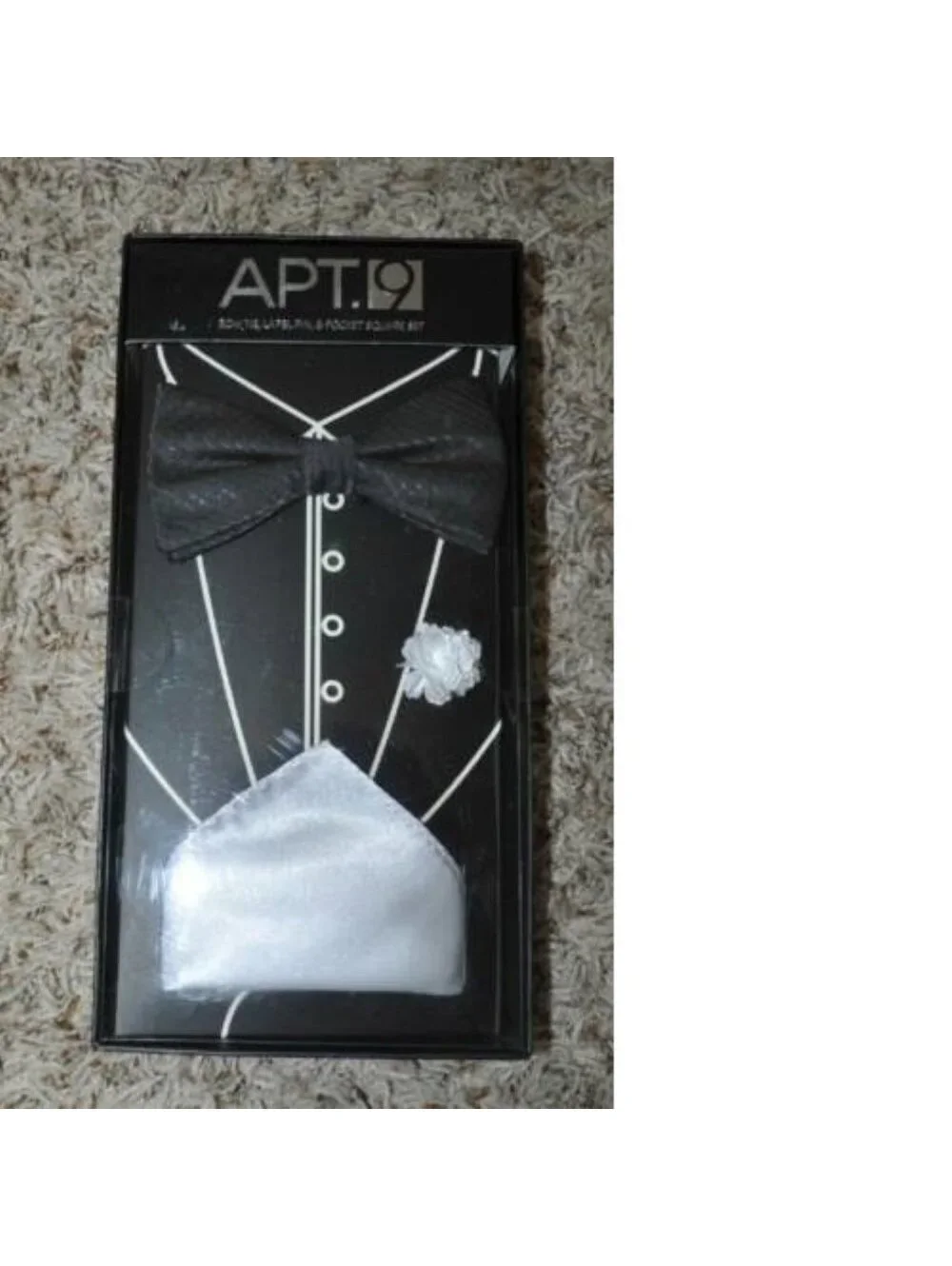 Mens Bow Tie Set Label Pin & White Pocket Square Black White Apt 9 Formal
